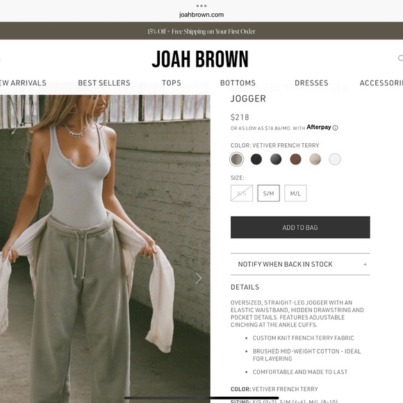 Joah Brown Pants - Joah Brown Oversized Straight Leg Jogger Vetiver French Terry S/M